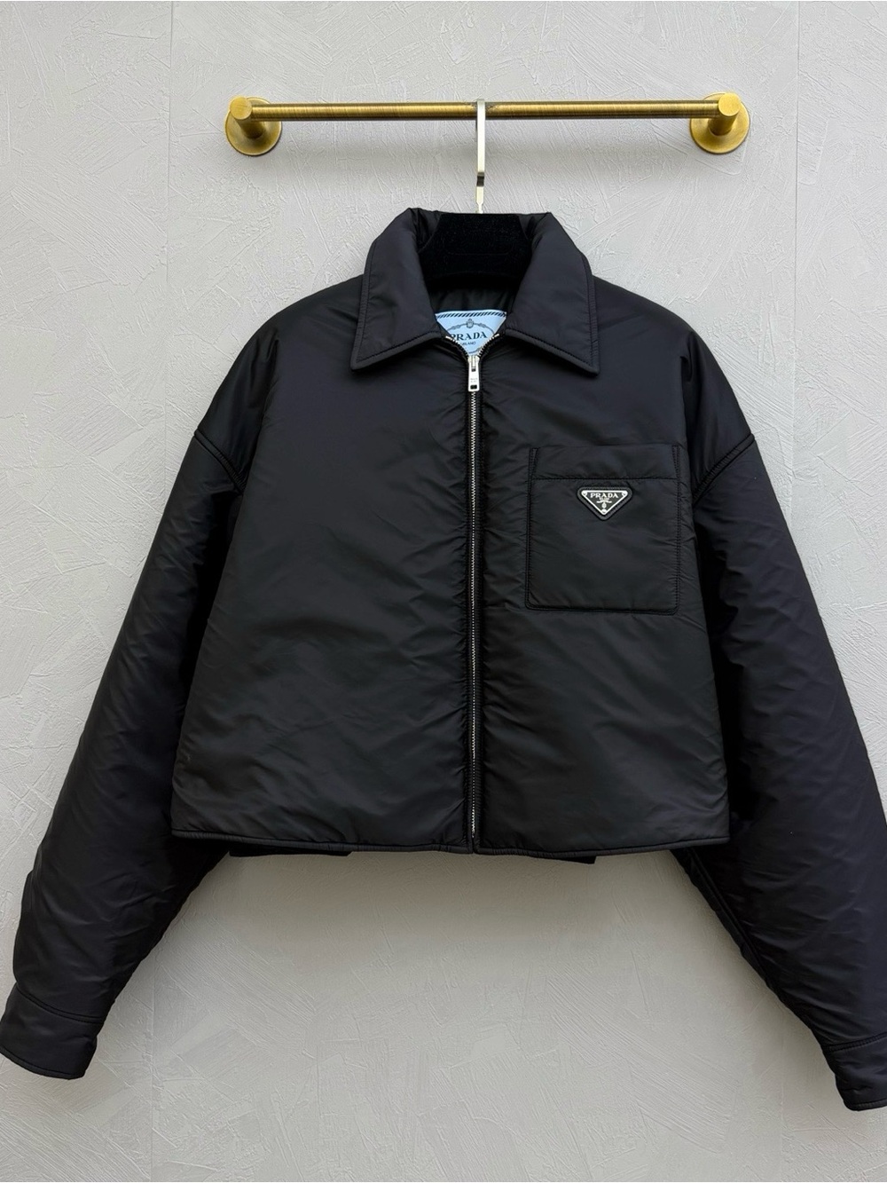 Prada Black Cropped Puffer Jacket with Chest Pocket